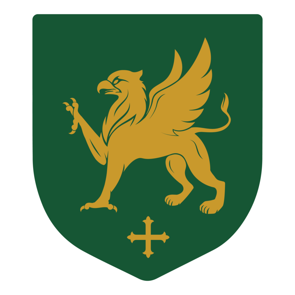 shield with a green background with a gold griffin facing left above a gold fleury cross